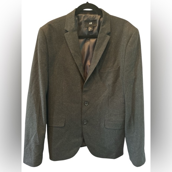H&M Charcoal Gray Wool Blazer Jacket Elbow Patches 2 Button Size 44R - Picture 1 of 10